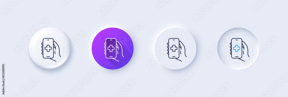 Health phone app line icon. Neumorphic, Purple gradient, 3d pin buttons. Medical healthcare sign. Online doctor symbol. Line icons. Neumorphic buttons with outline signs. Vector Health phone app line icon. Neumorphic, Purple gradient, 3d pin buttons. Medical healthcare sign. Online doctor symbol. Line icons. Neumorphic buttons with outline signs. Vector