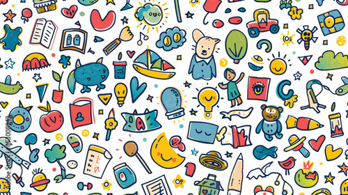 Wallpaper Mural A colorful drawing of various cartoon characters and objects, including a book Torontodigital.ca