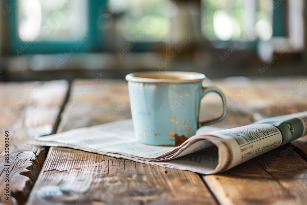 High resolution image of a newspaper with the headline news on a vintage wooden desk High resolution image of a newspaper with the headline news on a vintage wooden desk