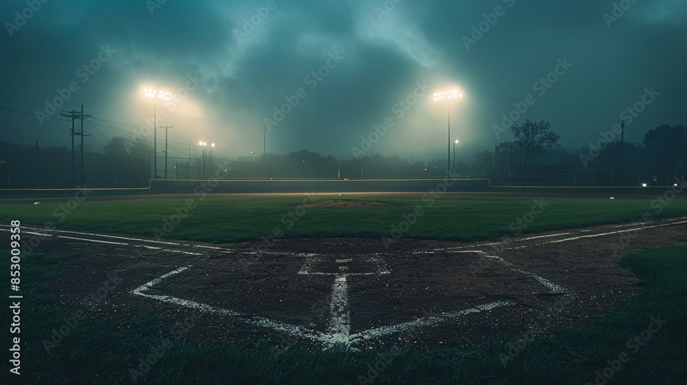 Empty baseball field at night under bright stadium lights Empty baseball field at night under bright stadium lights