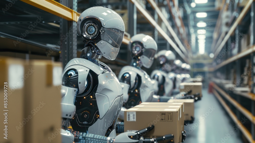 Fototapeta premium A futuristic warehouse with advanced robots efficiently handling packages, showcasing automation and high-tech logistics 