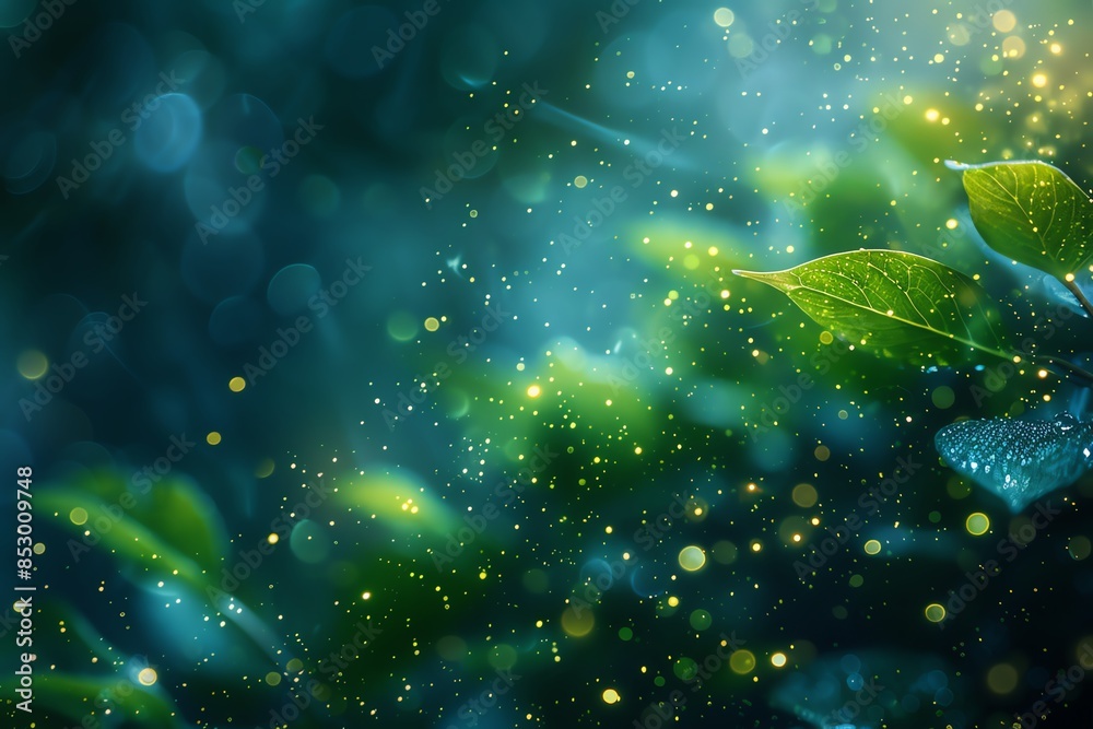 green particles gently drifting over a deep blue background