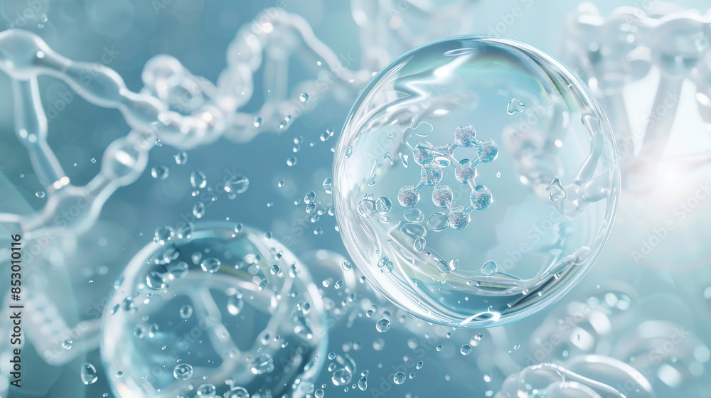 A blue and white image of a water droplet with a DNA strand in the middle A blue and white image of a water droplet with a DNA strand in the middle