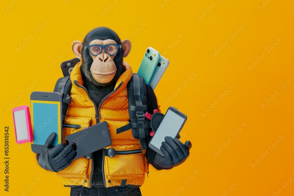 A monkey is holding a bunch of cell phones and other electronic devices A monkey is holding a bunch of cell phones and other electronic devices