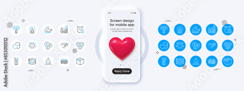 Phone mockup with 3d heart icon. Time management, Blood and Money currency line icons. Pack of Stars, Fish dish, Arena stadium icon. Employee result, Love message, Waterproof pictogram. Vector