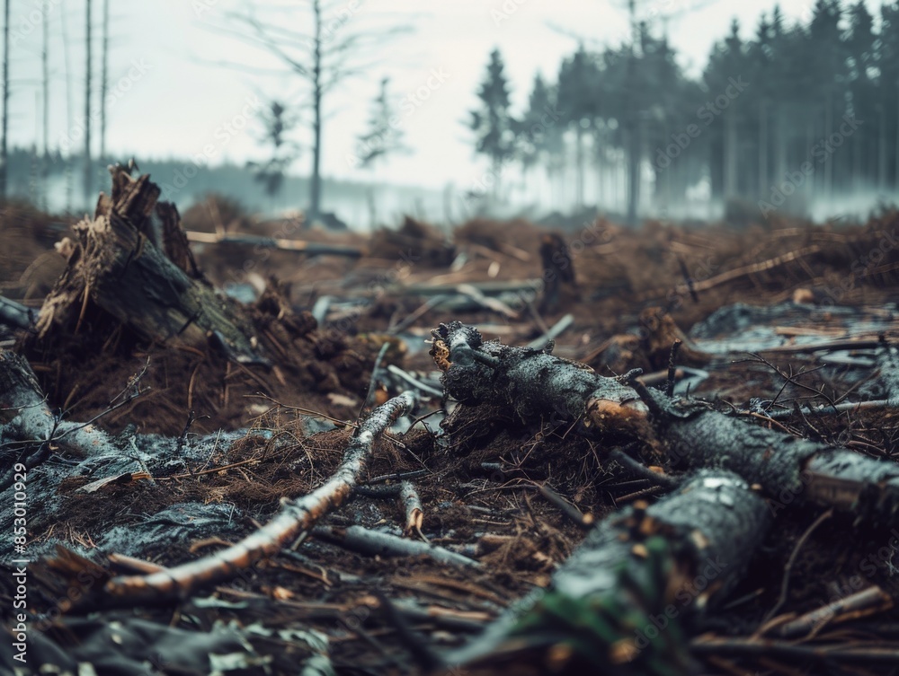 Close-up of deforestation, front view, environmental destruction, techbology tone 