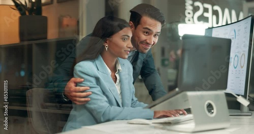 Business people, night and help with sexual harassment on computer in secret relationship, touch or flirt at office. Businessman, woman or friends working late or inappropriate behaviour at workplace