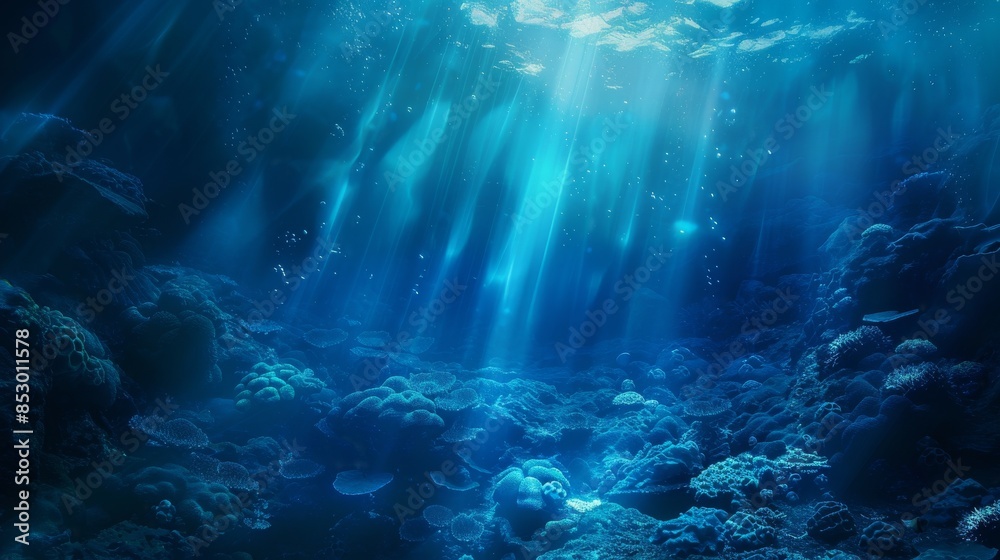 Fototapeta premium Underwater Sea - Deep Abyss With Blue Sun light