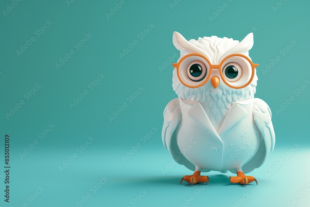 Fototapeta premium A white owl wearing glasses stands on a background