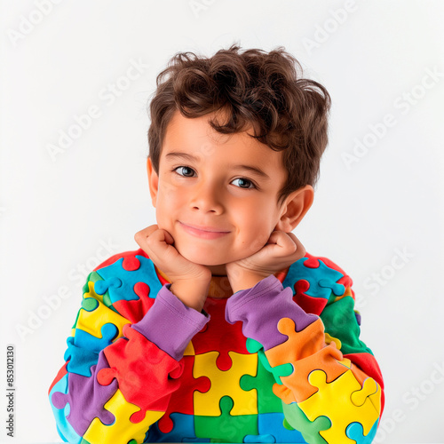 criança feliz com as nãos no rosto com roupa do orgulho autista