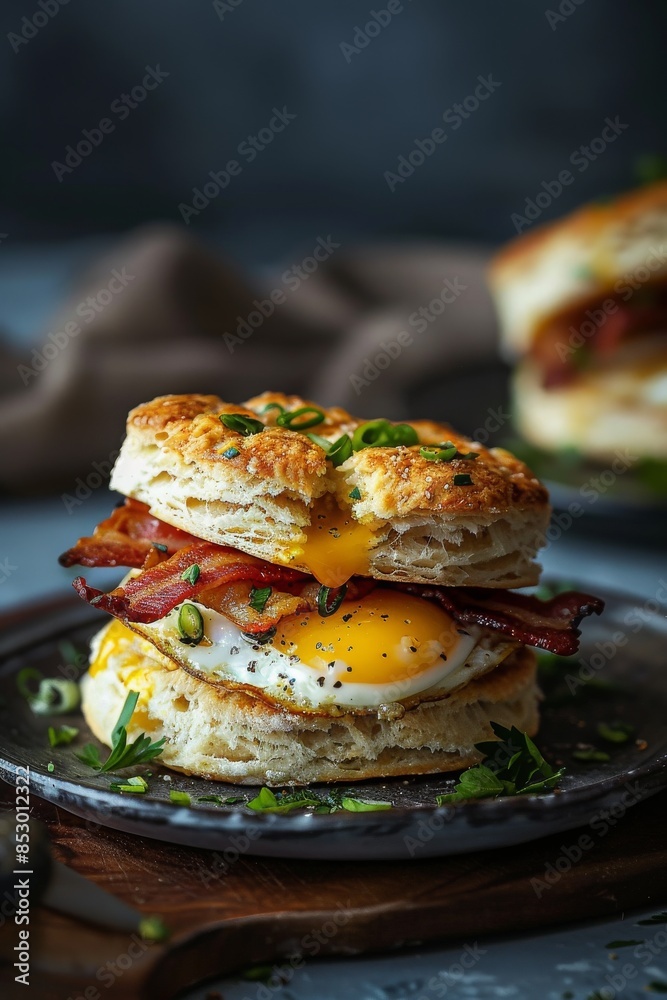 biscuit sandwich with bacon, egg and cheese, dark background biscuit sandwich with bacon, egg and cheese, dark background