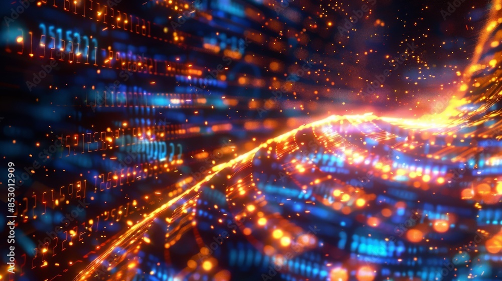 Digital binary code flowing through a network, side view, representing data transfer Digital binary code flowing through a network, side view, representing data transfer