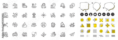 Set of Inventory checklist, Battery and Shipping support line icons for web app. Design elements, Social media icons. Cash transit, Gift, Bicycle lockers icons. Vector