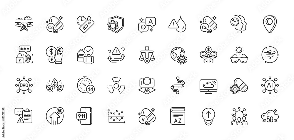 Covid test, Time management and Ethics line icons pack. AI, Question and Answer, Map pin icons. 5g upload, Sharing economy, Coronavirus pandemic web icon. Vector