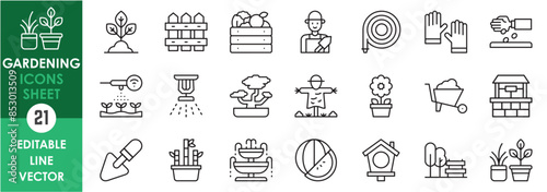 A set of line icons related to garden and gardening. Sow, irrigate, barrier, fruits, gardener, vase, plant, harvest, beautiful, flower and so on. Vector outline icons set.