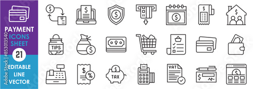A set of line icons related to payment. Pay, cash, coin, money, exchange, buy, cart, wallet, schedule, shopping, rent and so on. Vector outline icons set.