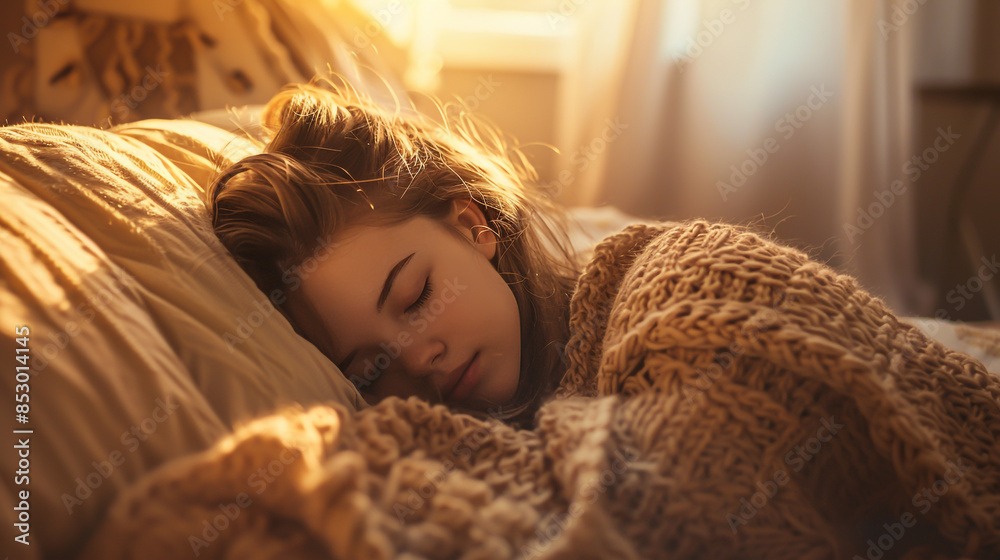 Young woman sleeping in bed with blanket in front