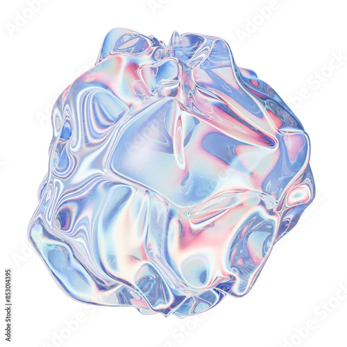 3D transparent crystal wave sphere, futuristic transparent holographic glossy biologic object. Science realistic macro cell, pink fluid bubble sphere medical concept. Deformed 3D sphere cyber orb