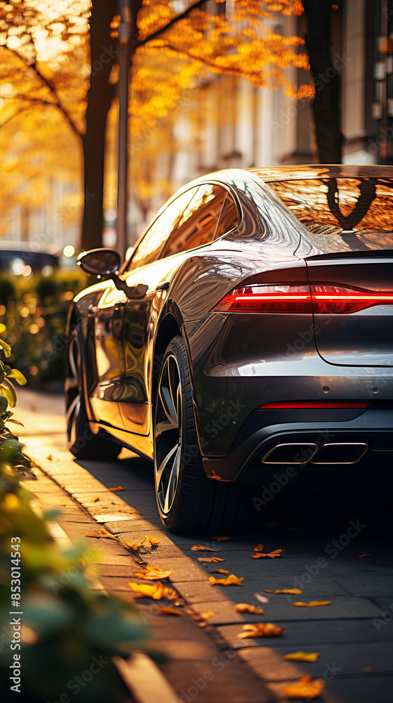 A close-up of a sleek black car parked on an autumn urban street at sunset, reflecting the warm, golden light. A close-up of a sleek black car parked on an autumn urban street at sunset, reflecting the warm, golden light.
