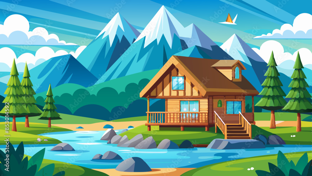 In summer, a wooden house with a snowy mountain backdrop and a river in front