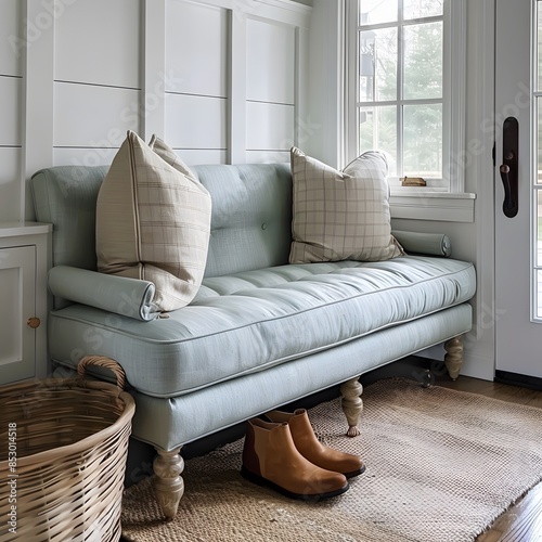 Blue sofa in a white living room