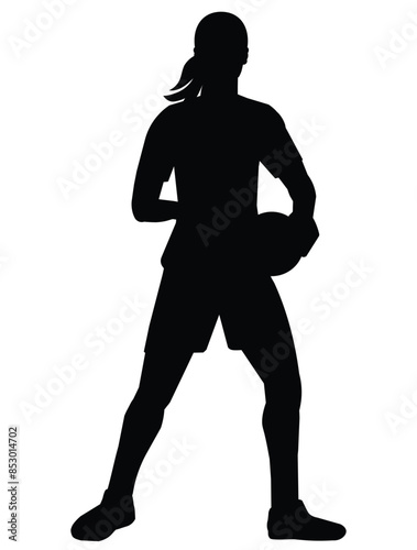Black silhouette of a women's volleyball girl player standing with the ball in her hands during a game