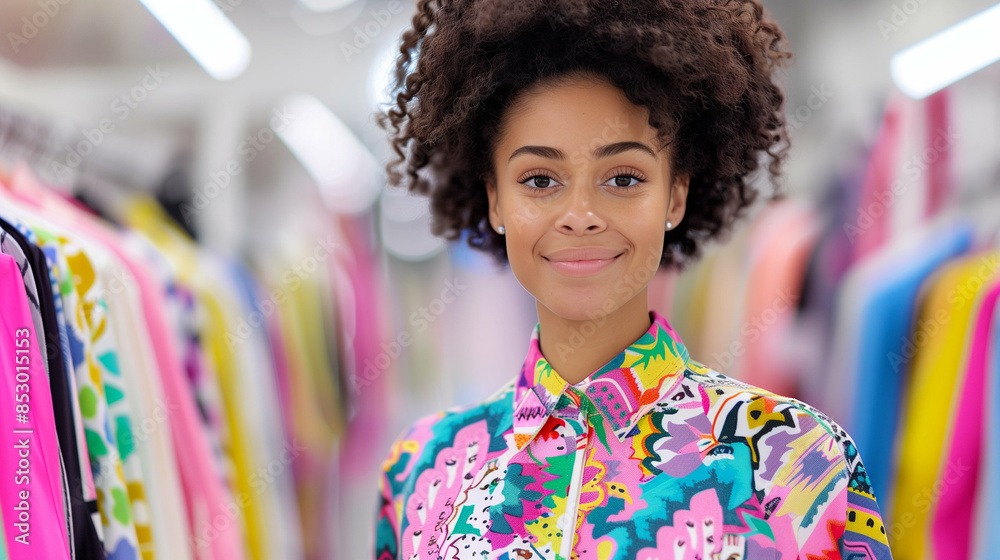 Smiling woman in a colorful shirt. Vibrant clothing store shopping Smiling woman in a colorful shirt. Vibrant clothing store shopping