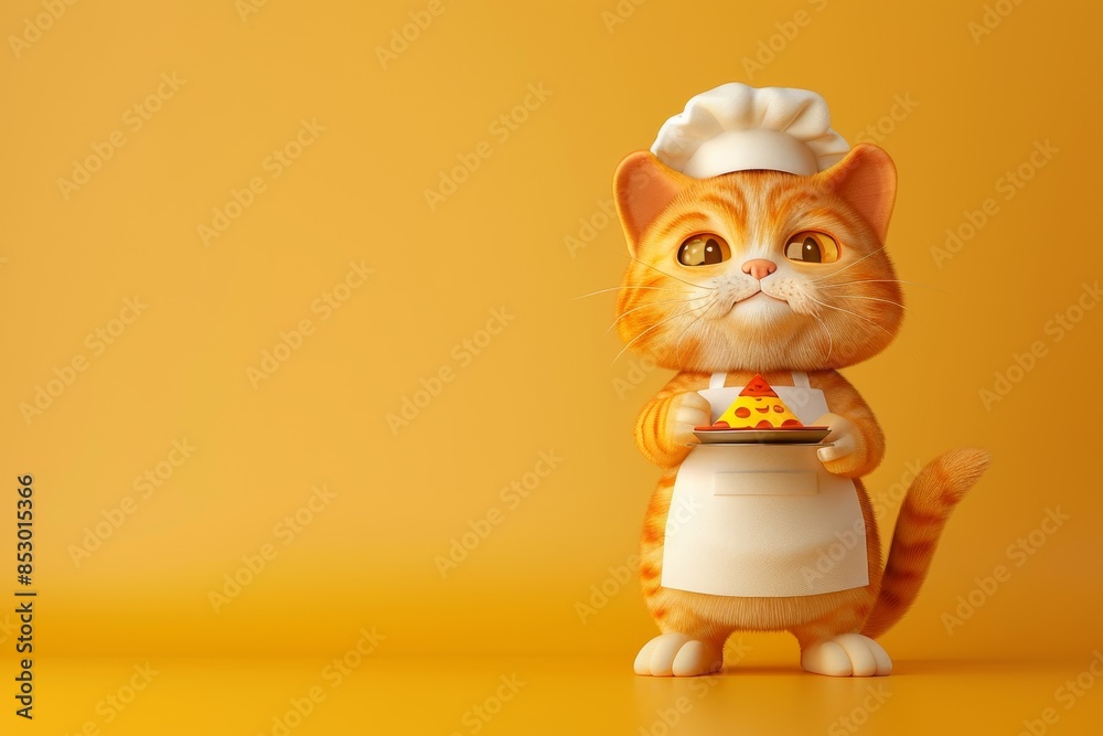 Naklejka premium A cartoon cat wearing a chef's hat and apron holding a pizza