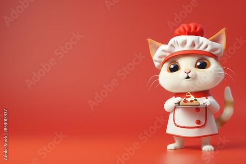 A cartoon cat wearing a chef's hat and apron holding a pizza