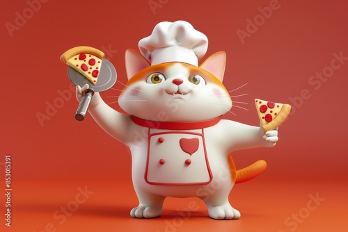 A cartoon cat wearing a chef's hat and apron holding a pizza