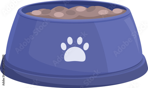 Blue dog bowl is full of dry food, ready for a hungry pet