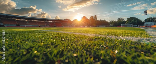 A Football Stadium With Green Grass, Bathed In The Warm Light Of A Pleasant Afternoon