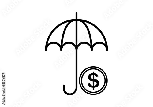 Icono negro de paraguas protegiendo moneda de dólar 