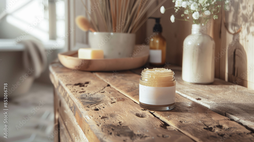 Lip scrub in a jar on wooden counter in cozy bathroom setting Lip scrub in a jar on wooden counter in cozy bathroom setting