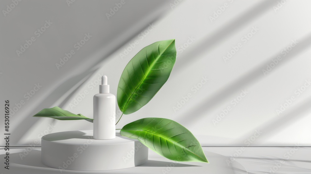 White Bottle Mockup with Green Leaves on a Minimalist Background White Bottle Mockup with Green Leaves on a Minimalist Background