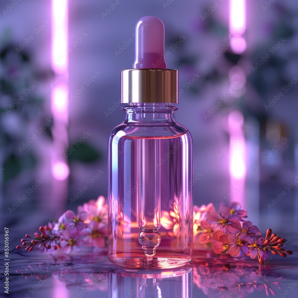 Glass dropper bottle with pink liquid and flowers Glass dropper bottle with pink liquid and flowers