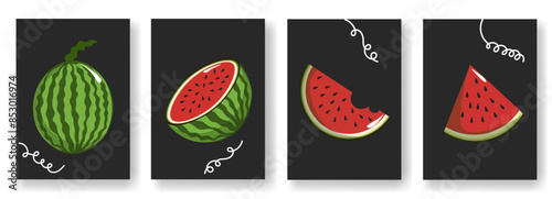 Bundling with watermelon slices on a dark background. Cute watermelon with a Watermelon Day theme. It can be used for decoration, wall hangings, wallpaper, etc