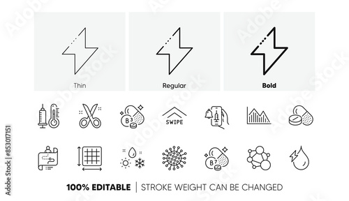 Square area, Biotin vitamin and Vaccine announcement line icons. Pack of Hydroelectricity, Scissors, Medical drugs icon. Coronavirus, Investment graph, Swipe up pictogram. Thermometer. Vector