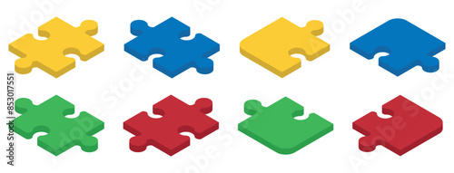 Set of Isometric puzzle pieces. Concept of teamwork, communication, problem or challenge solution. Vector illustration.