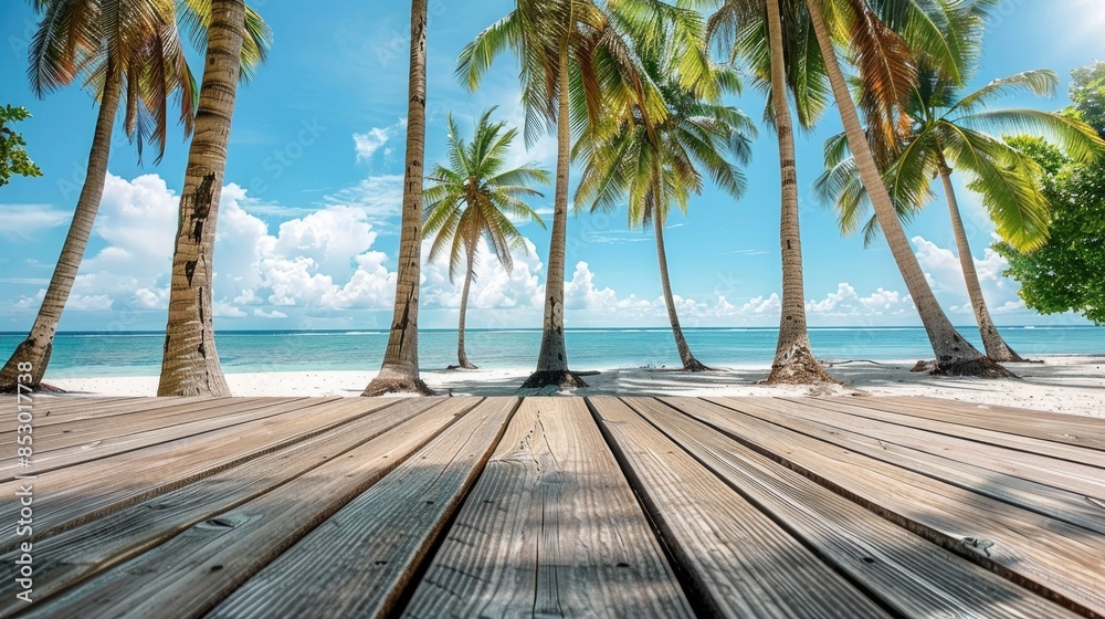 Imagine a picturesque summer getaway scene a rustic wooden floor set against a backdrop of swaying coconut palm trees on a serene beach