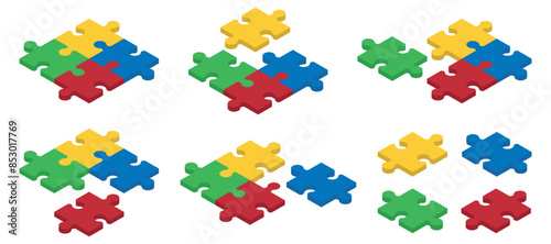 Set of Isometric puzzle pieces. Concept of teamwork, communication, problem or challenge solution. Vector illustration.