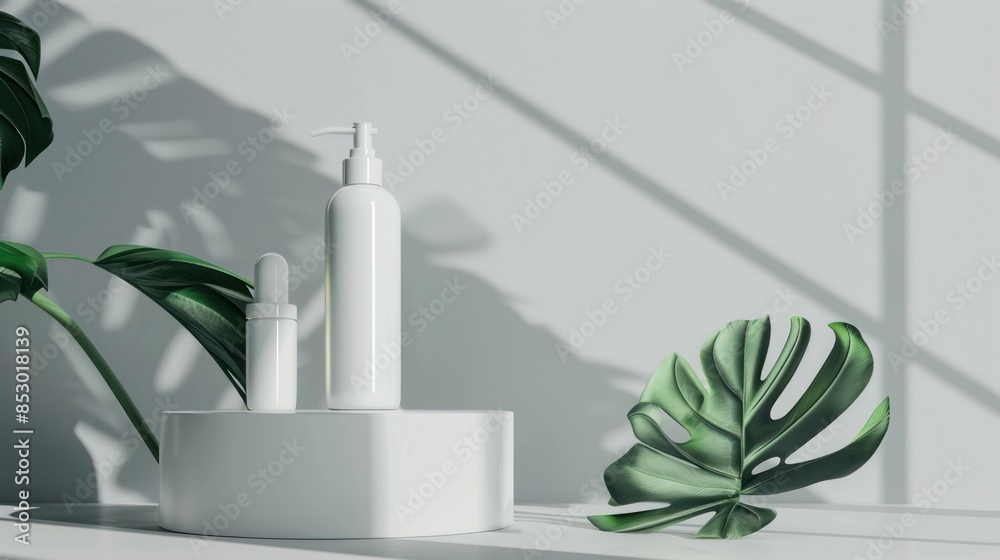 Minimalistic Beauty Product Display with Green Leaf Minimalistic Beauty Product Display with Green Leaf