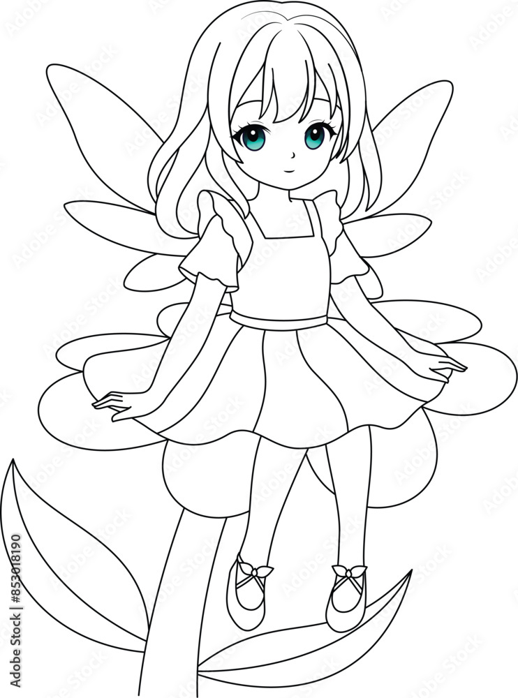 Cute kawaii fairy sitting on a flower isolated on white background outline coloring page for kids Cute kawaii fairy sitting on a flower isolated on white background outline coloring page for kids