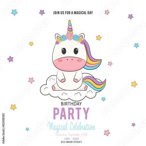 Birthday party invitation template with a magical unicorn and stars. Vector illustration