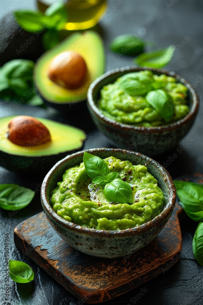Fresh guacamole with basil and avocado