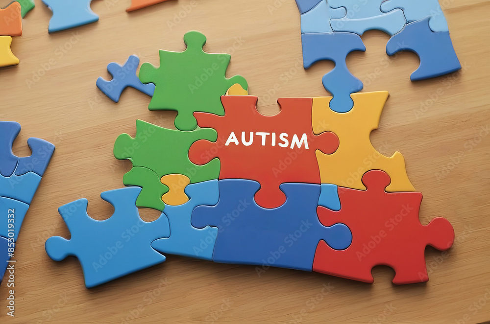 Fototapeta premium Text Autism on colorful puzzles