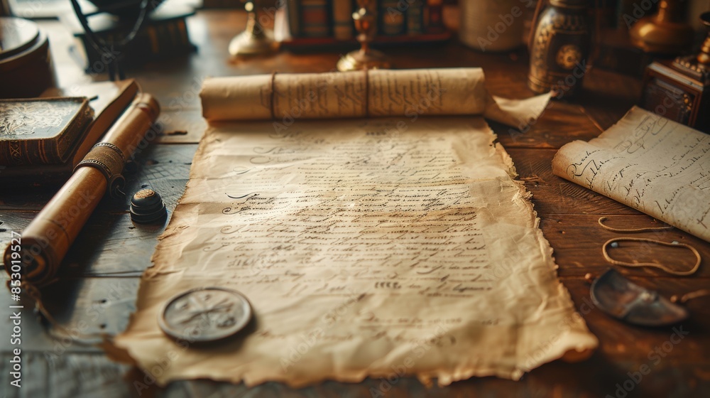Vintage scroll, compass, and quill on an antique wooden desk, capturing ...