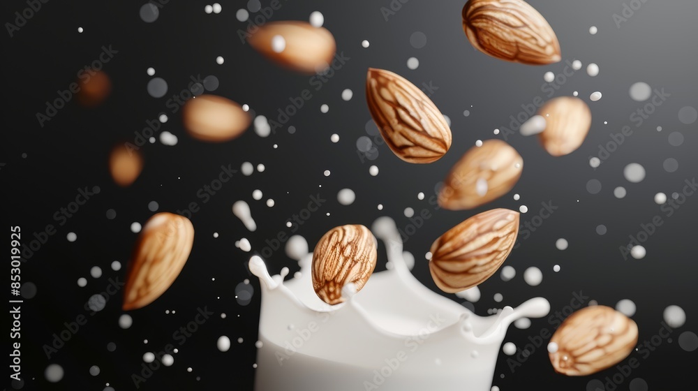 Almonds suspended in a splash of almond milk, slow-motion capture, starting from the bottom left, black background, polished for advertising Almonds suspended in a splash of almond milk, slow-motion capture, starting from the bottom left, black background, polished for advertising