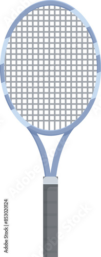 Tennis racket is standing up, showing its strings and grip tape