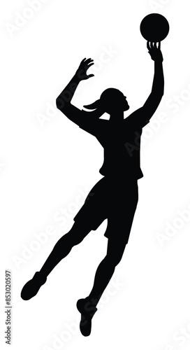 Girl silhouette of a women's volleyball player who jumps high and catches the ball with one hand